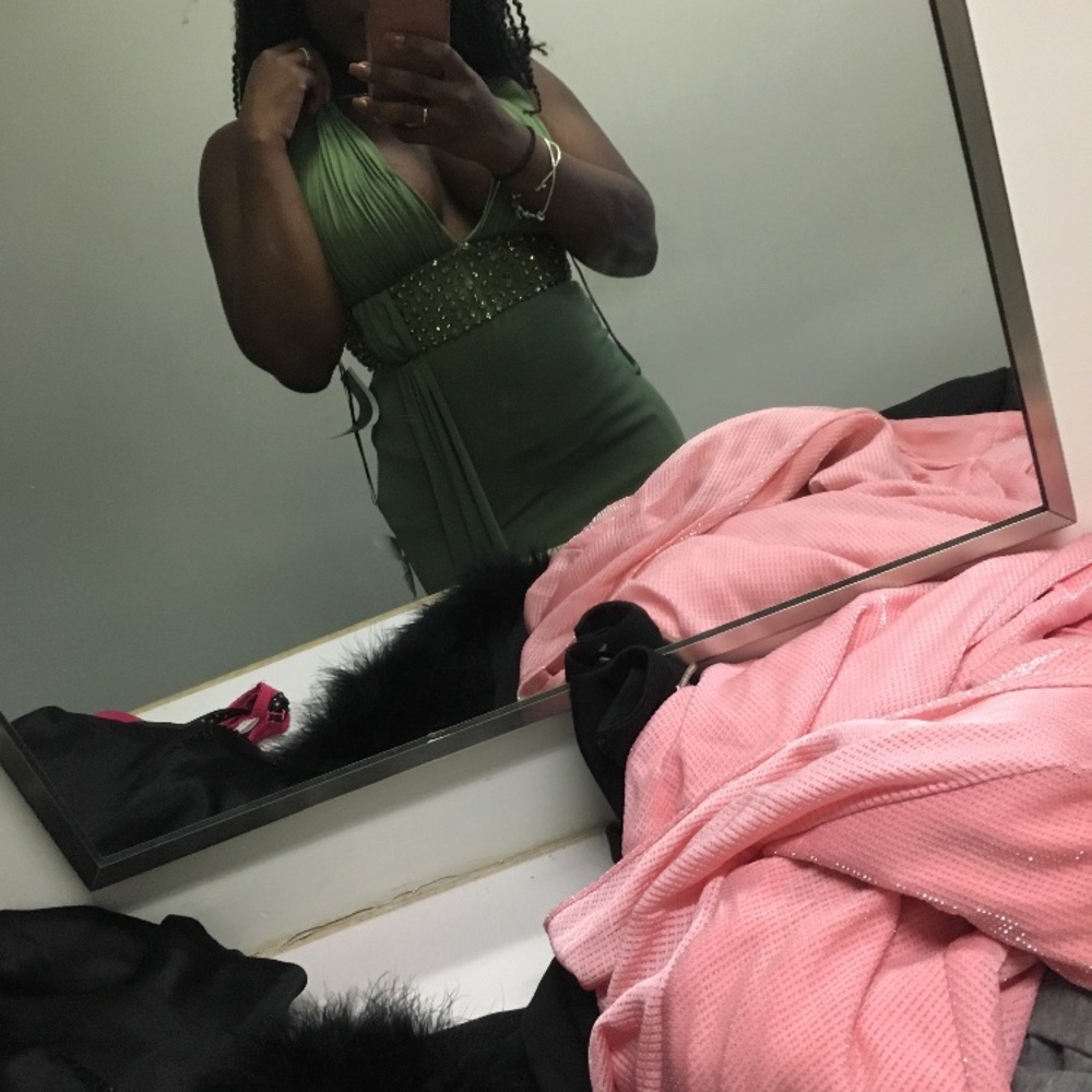 Deep cut green goddess dress